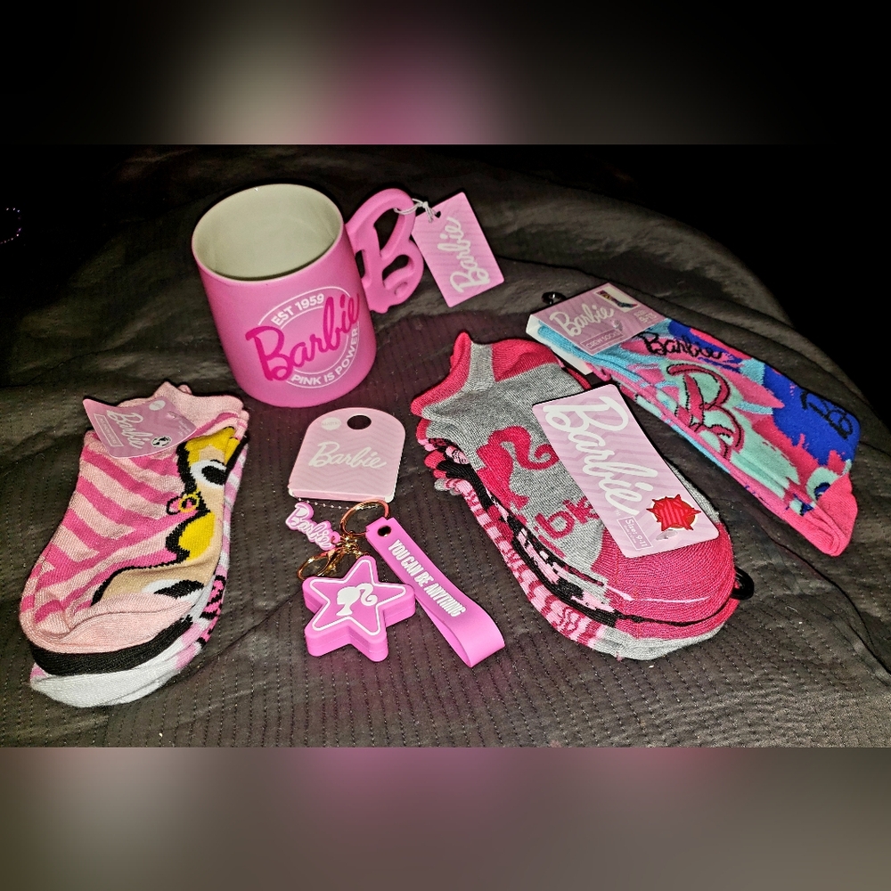 12 Items-Barbie Mug, 10 Pairs Adult-size Barbie Socks, & Barbie Keychain - NEW!
